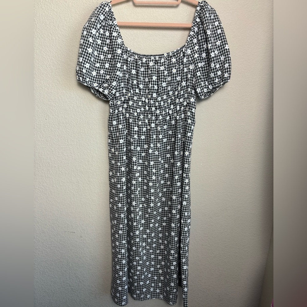 Sophie Rue Puff Sleeve Smocked Waist 90s Gingham Daisy Print Midi Dress S - Picture 7 of 9